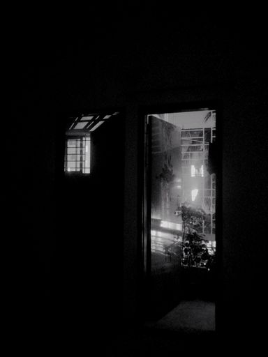 A vertical grayscale shot from a dark room with an open door and a window