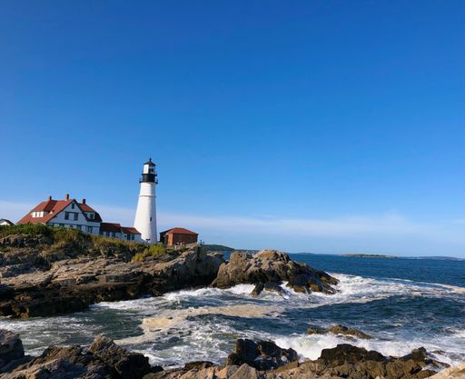 A view of the Portland Head Light, a historic lighthouse in Cape Elizabeth, Maine