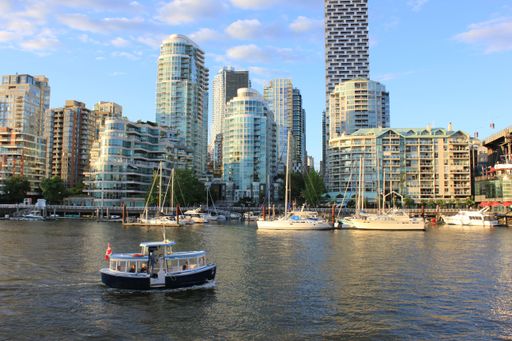 A cityscape view of False Creek in sunset light, Vancouver, British Columbia, Canada