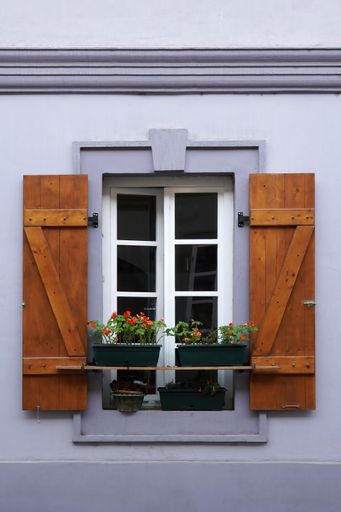 Window with open wooden shutters and flowers in front of it