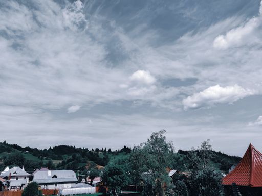 A high angle shot of trees and houses on a cloudy day