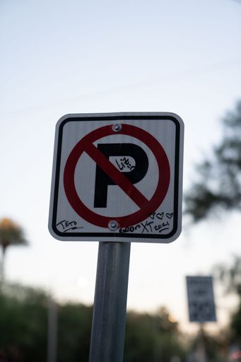 A vertical shot of No Parking sign with blur background
