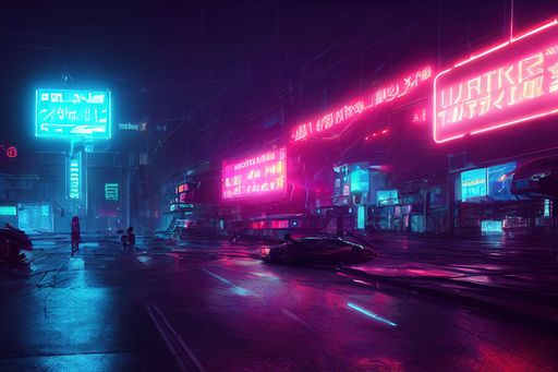 A cyberpunk neon cityscape, futuristic colors, dystopian world, otherwordly