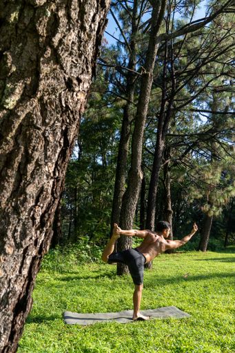 Young Hispanic practicing yoga in the forest