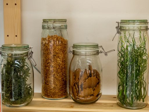 A closeup shot of transparent jars with sweet cookies and herbs on the reck