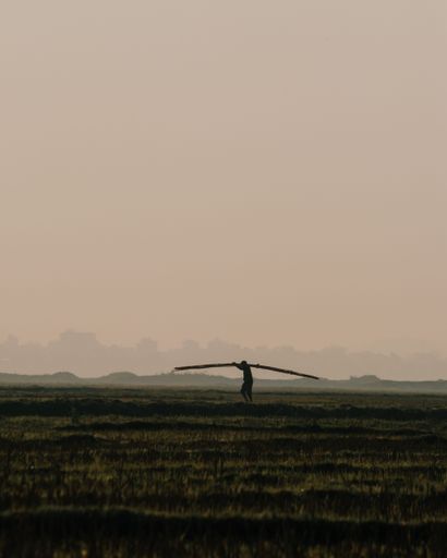 A vertical shot of a silhouette of a person carrying long sticks on a field