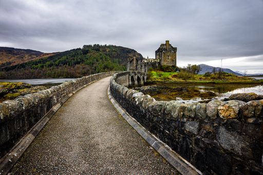 A beautiful view from the road on the bridge leading to the Eilean Donan Castle in the Western Scottish Highlands
