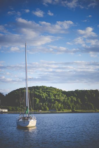 A vertical shot of a boat on the water with a forested shore in the distance under a blue cloudy sky