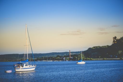 A beautiful shot of boats sailing on the sea near forested shore under a clear blue sky