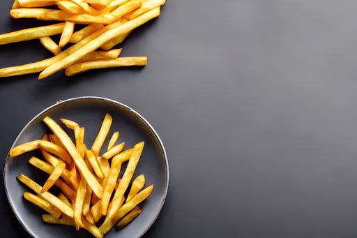 a top view of french fries on a grey plate on a grey background