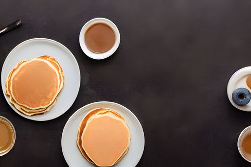 a top view of plates of pancakes with syrup and blueberries on the side on a black background