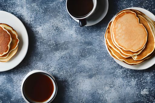 a top view of plates of pancakes with coffee on a side