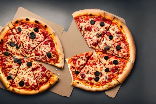 a top view of sliced pizza with olives on a cardboard with grey background