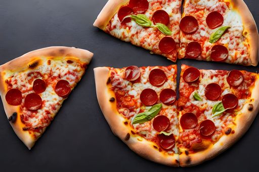a top view of sliced pepperoni pizza with basil leaves on grey background