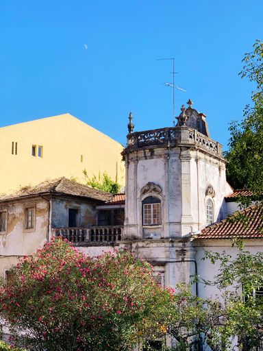 A vertical shot of the white and old-style House of Leiria with beautiful patterns and a balcony surrounded by trees in Leiria, Portugal