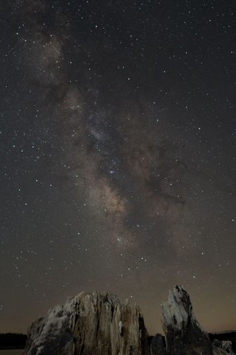 The vertical shot of natural formations before the starry night sky - Milky Way Galaxy