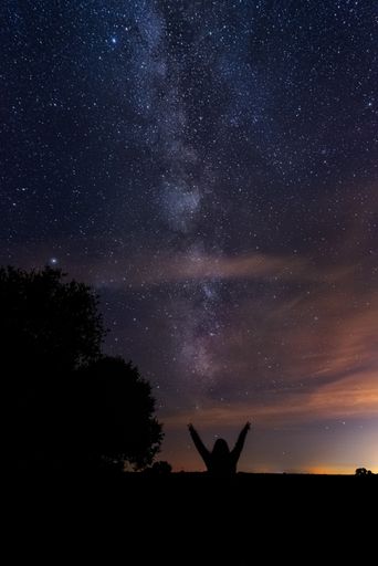 A vertical shot of silhouettes of a person pointing at the milky way in the night sky