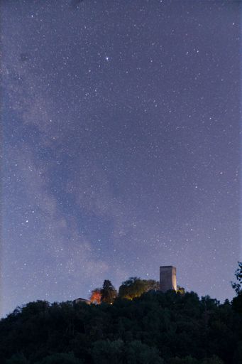 A vertical long exposure shot of the magical starry night sky over the forested hill