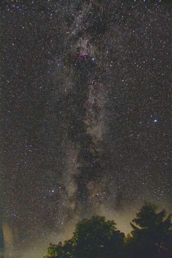 A vertical long exposure shot of the magical starry night sky over the forested hill