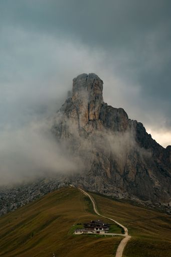 The moody weather before sunset over Passo Giau. Dolomites, Belluno, Italy.
