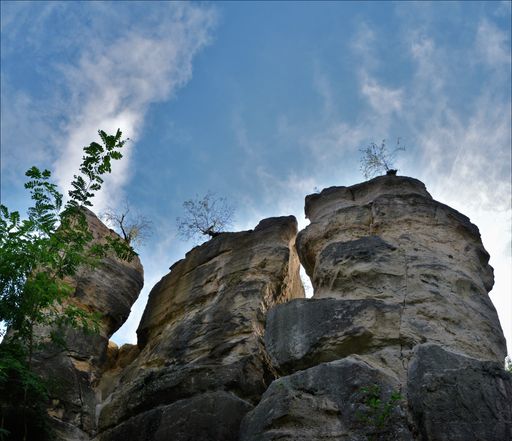 A low angle shot of rock formations and landscape at the Dragon's Garden in Romania