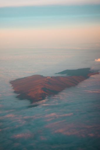 An aerial view of Haleakala volcano on Maui at sunset.