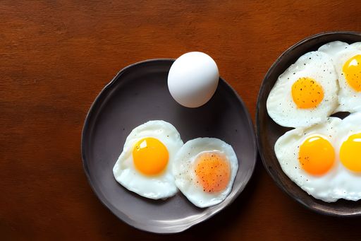 A top view of fried eggs and a raw egg on a black plate against a wooden background.
