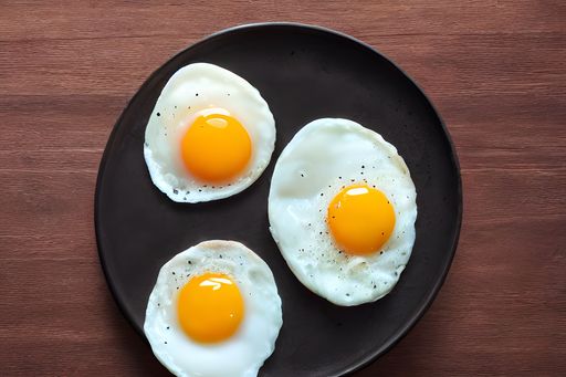 A top view of fried eggs on a black plate against a wooden background.