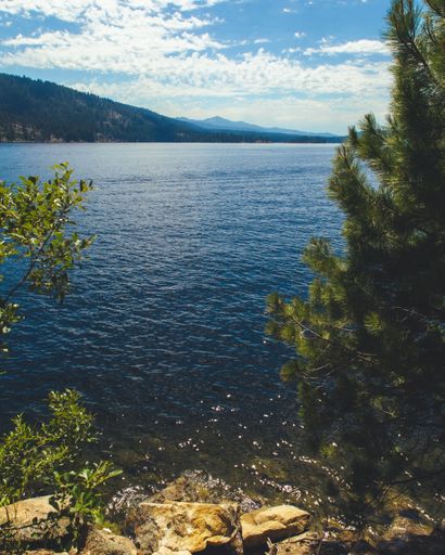 A vertical shot of a lake surrounded by mountains under the clouds
