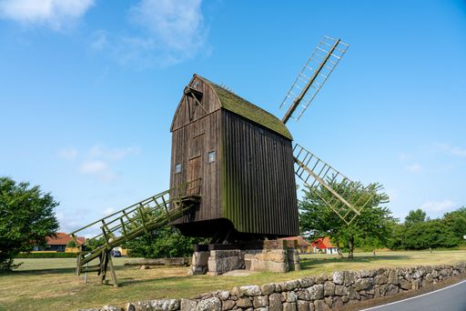A low angle shot of an old windmill in Bornholm, Denmark