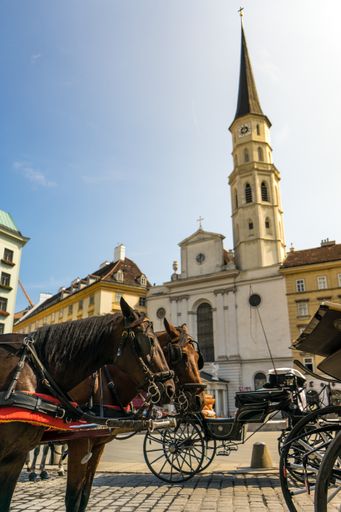 A vertical shot of a carriage by St. Michael's Church in Vienna, Austria