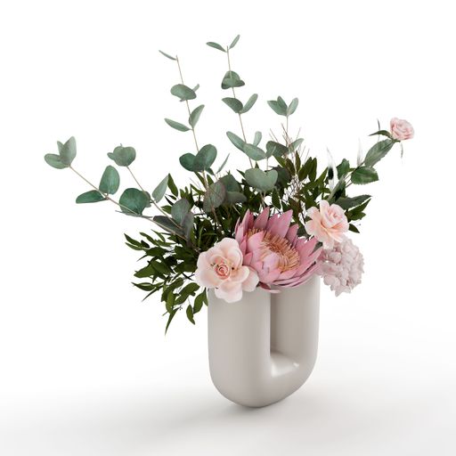A closeup shot of a vase full of flowers and green leaves in front of a white background
