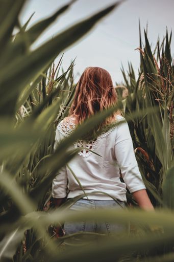 A woman walking through a green field with tall and thick leaves - the concept of nature
