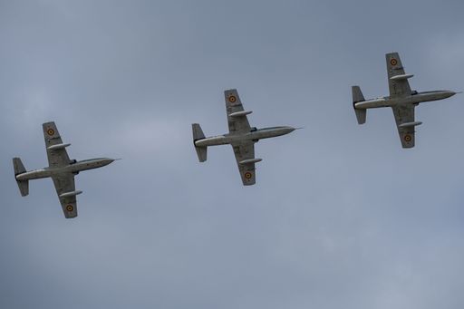 A low angle of Aero L-39 Albatros airplanes flying at Bucharest International Air Show (BIAS 2022)