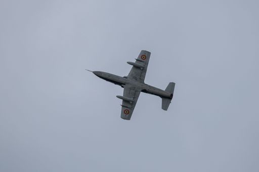 A low angle of Aero L-39 Albatros airplane flying at Bucharest International Air Show (BIAS 2022)