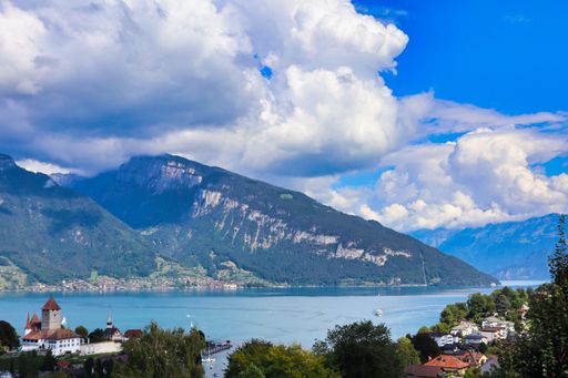 A beautiful view of buildings and lush trees on the shore of Lake Thun with mountains in the background