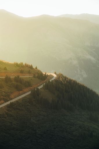 A vertical shot of a countryside road on the mountain slope surrounded with trees during sunset