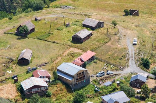 An aerial view of old houses in Omalo village in Tusheti, Georgia