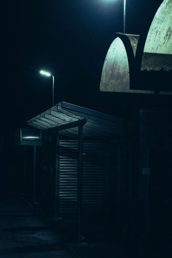 A vertical shot of a bus stop at night with street lights on in the darkness