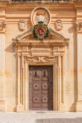 A vertical shot of a vintage brown door, Malta