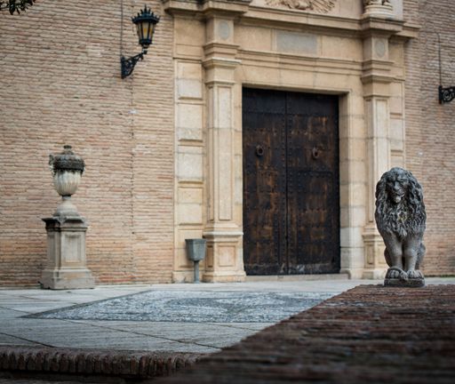 A closeup shot of an old iron door and a lion statue on behind