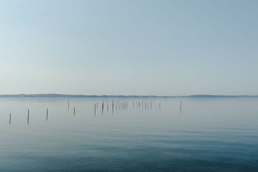 The beautiful seascape from Gendarmstien with slender wood sticks in the water in Denmark, Grasten