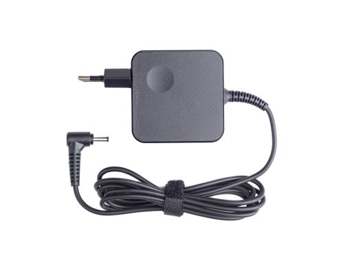 An isolated shot of an AC power adapter for a laptop on a white background
