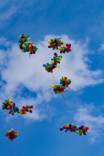A vertical low angle shot of colorful balloons floating in the air with a blue sky