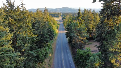 An aerial shot of a highway beside a  tree field on a sunny day with hills in the background