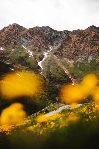 A vertical shot of a waterfall flowing through mountains