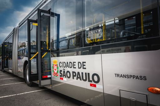A modern vehicle on display on the street at Bus Brasil Fest, held in the city of Sao Paulo
