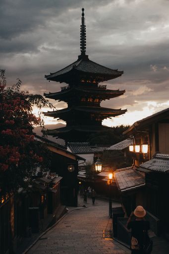 A vertical shot of the pagoda monument. Kyoto, Japan