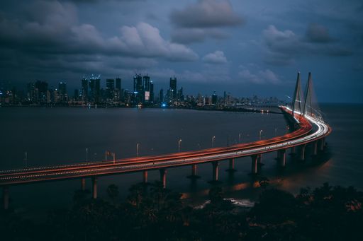 A high angle shot of Bandra Worli sealink in Mumbai at night time