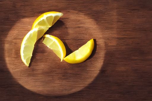 A top view of sliced lemons on a wooden table under a spotlight